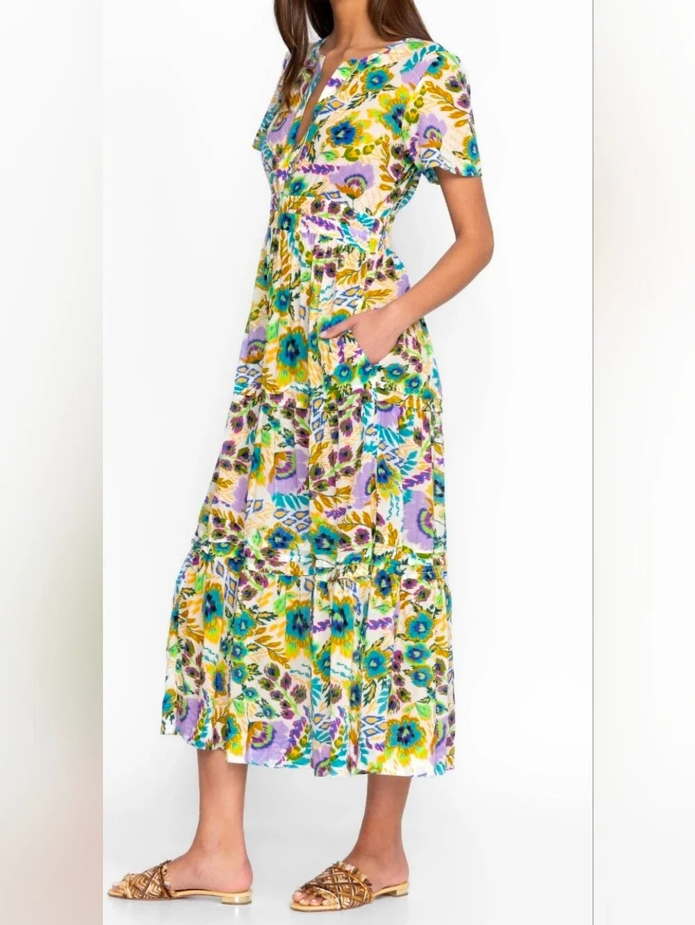 Johnny Was Ikat Bloom Pintuck Tiered Dress - Picture 2 of 8